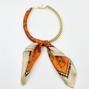 Chic Equestrian beige orange tie closure Scarf necklace gold tone beaded collar